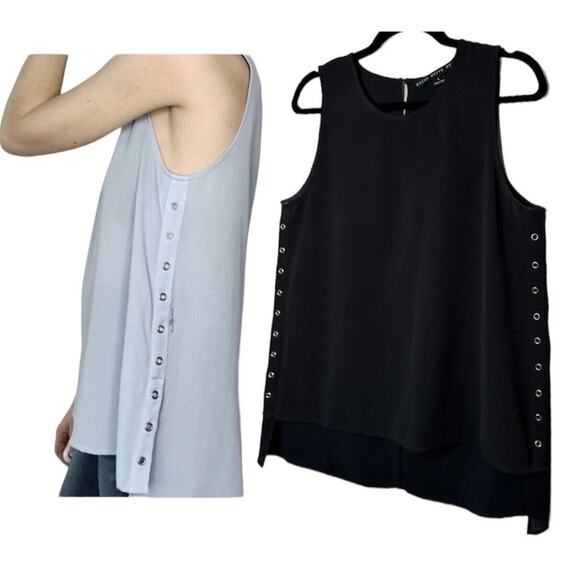 HYFVE Black with Silver Grommet Sleeveless Silky Hi Low Tunic Tank Keyhole Back - Picture 1 of 16